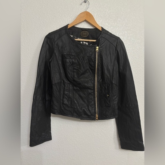 Anthropologie Jackets & Blazers - Anthropologie Idra Black Leather Moto Jacket Gold Zip Cropped Biker Edgy Chic